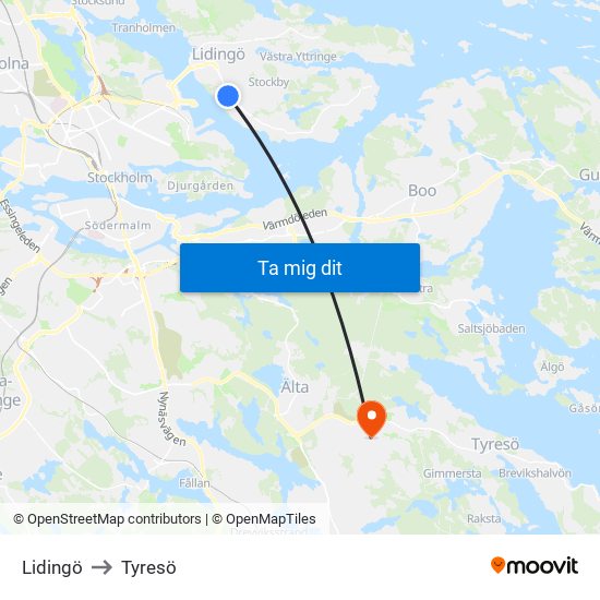Lidingö to Tyresö map