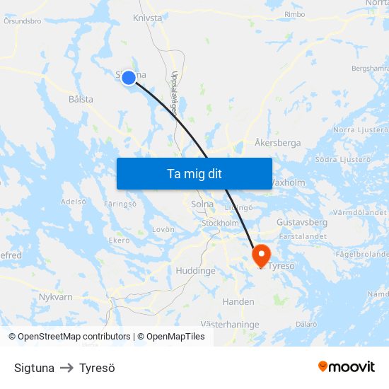 Sigtuna to Tyresö map