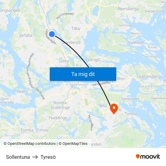 Sollentuna to Tyresö map