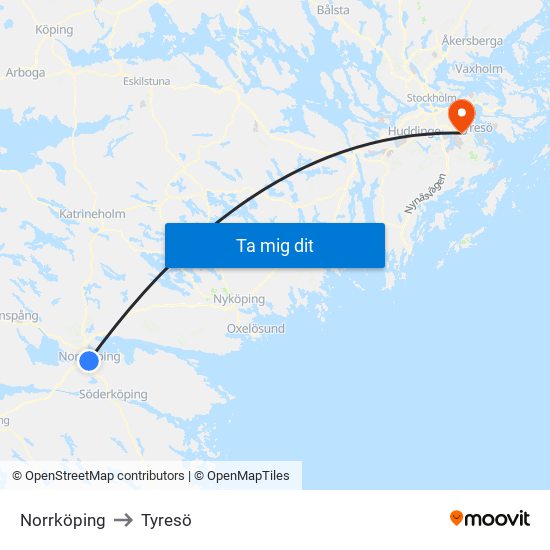 Norrköping to Tyresö map