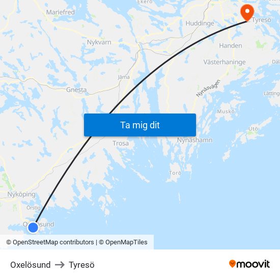 Oxelösund to Tyresö map