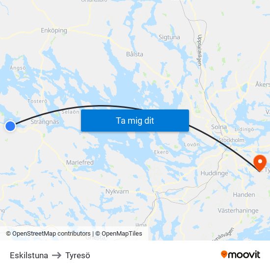 Eskilstuna to Tyresö map