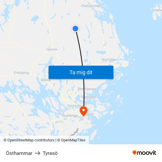 Östhammar to Tyresö map