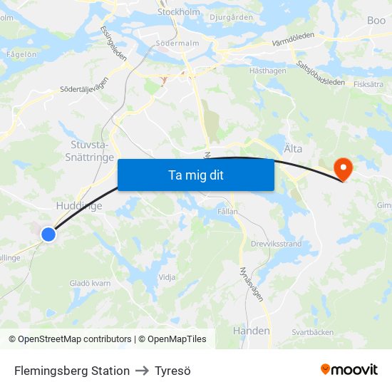 Flemingsberg Station to Tyresö map