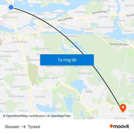 Slussen to Tyresö map