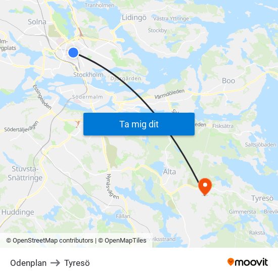 Odenplan to Tyresö map