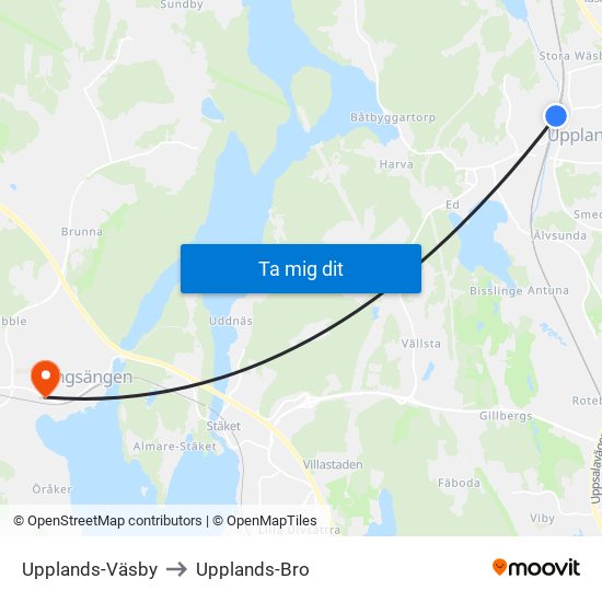 Upplands-Väsby to Upplands-Bro map