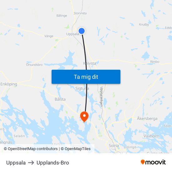 Uppsala to Upplands-Bro map