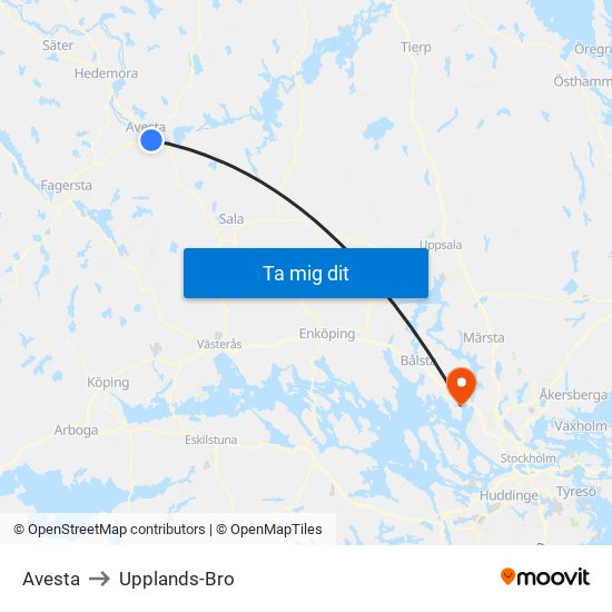 Avesta to Upplands-Bro map