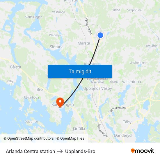 Arlanda Centralstation to Upplands-Bro map