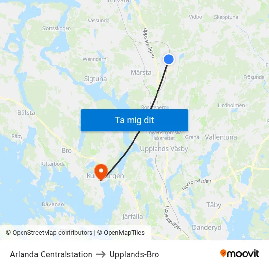Arlanda Centralstation to Upplands-Bro map