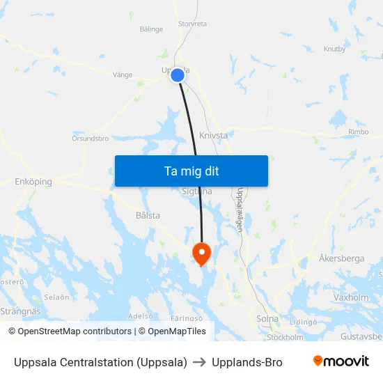 Uppsala Centralstation (Uppsala) to Upplands-Bro map