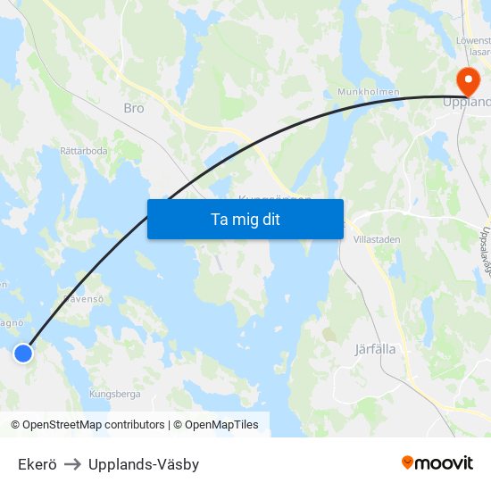 Ekerö to Upplands-Väsby map