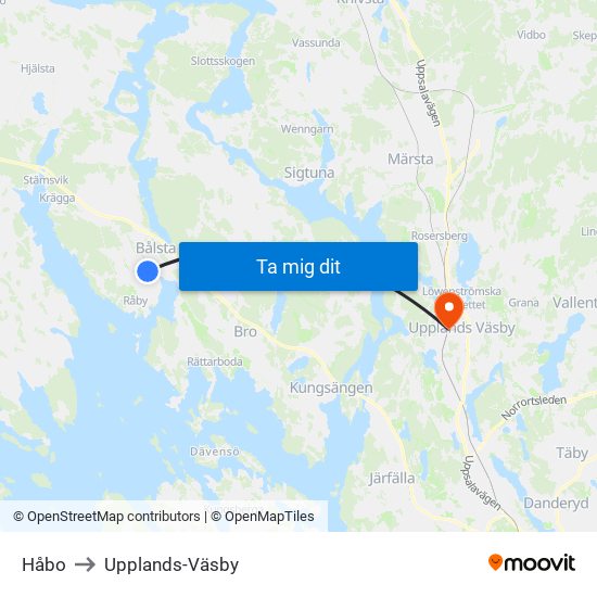 Håbo to Upplands-Väsby map