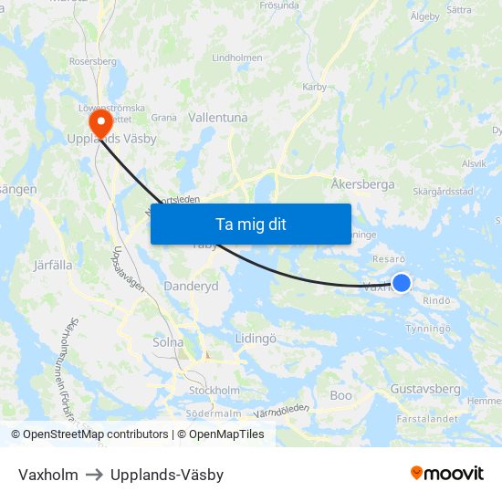 Vaxholm to Upplands-Väsby map