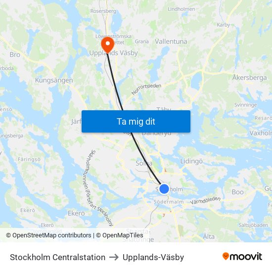 Stockholm Centralstation to Upplands-Väsby map