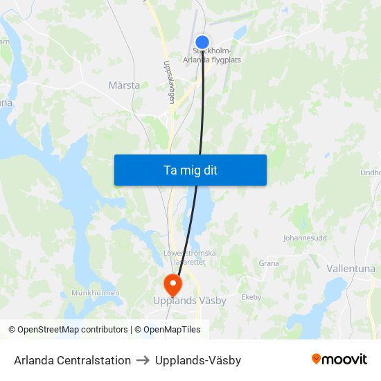 Arlanda Centralstation to Upplands-Väsby map