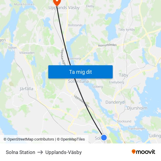 Solna Station to Upplands-Väsby map