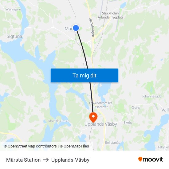 Märsta Station to Upplands-Väsby map