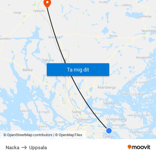 Nacka to Uppsala map