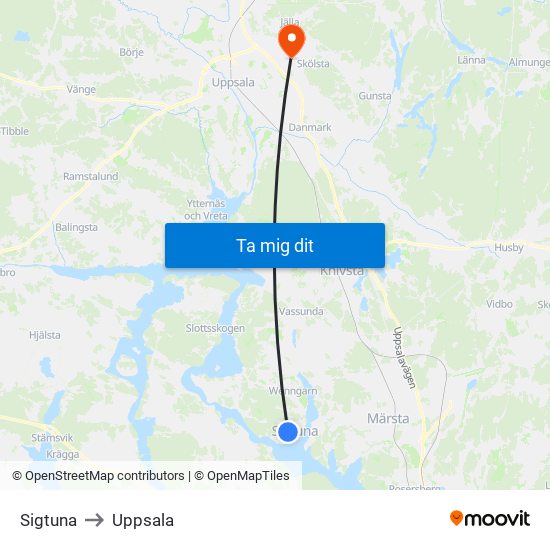 Sigtuna to Uppsala map