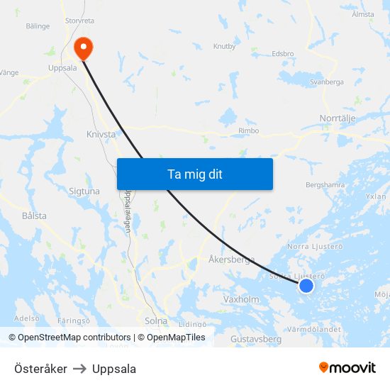 Österåker to Uppsala map