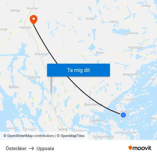 Österåker to Uppsala map