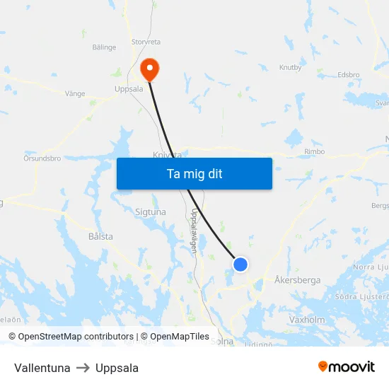 Vallentuna to Uppsala map