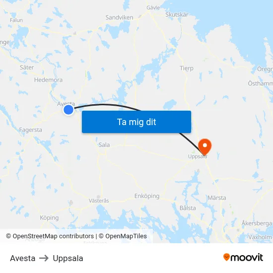 Avesta to Uppsala map