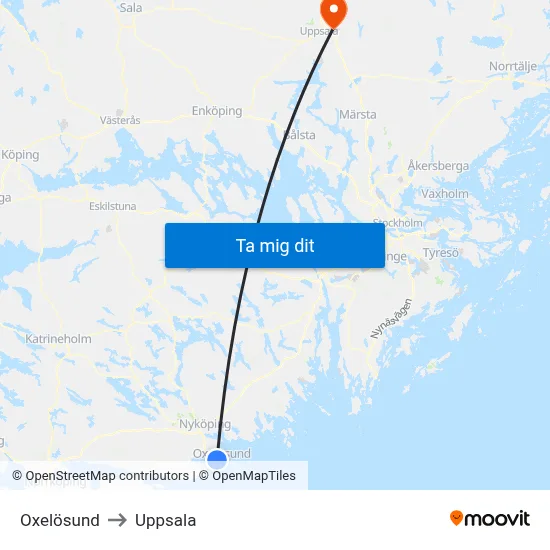 Oxelösund to Uppsala map