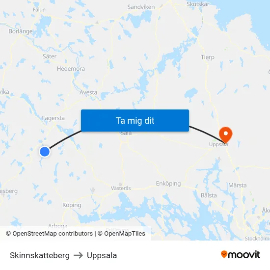 Skinnskatteberg to Uppsala map