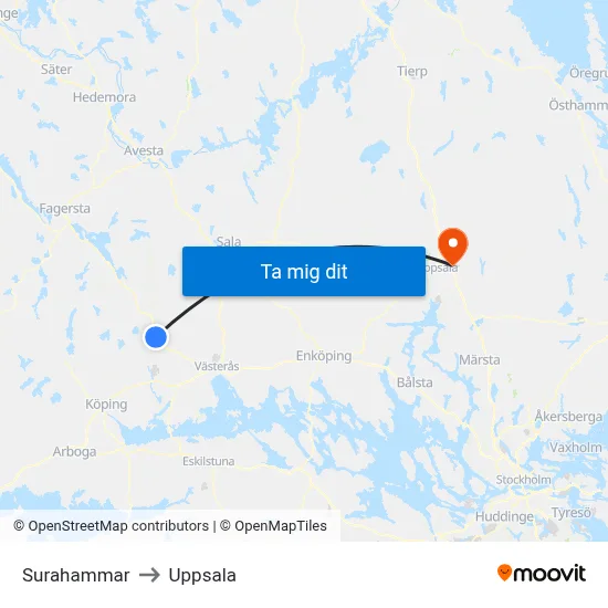 Surahammar to Uppsala map