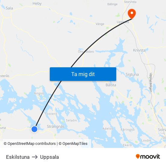 Eskilstuna to Uppsala map