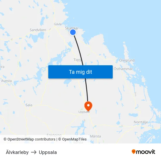 Älvkarleby to Uppsala map