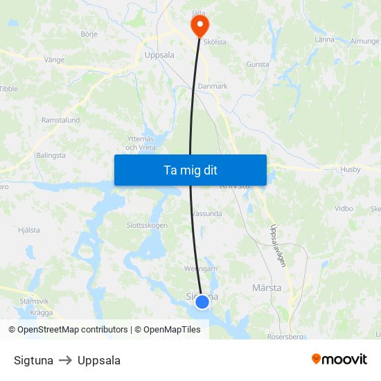 Sigtuna to Uppsala map