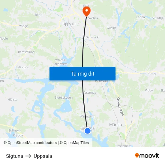 Sigtuna to Uppsala map