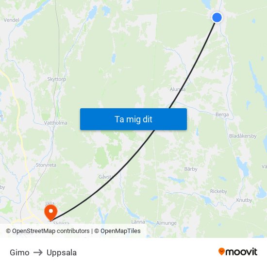 Gimo to Uppsala map