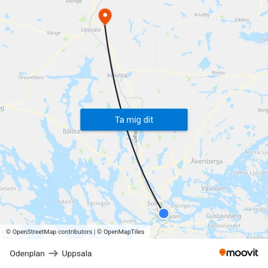 Odenplan to Uppsala map