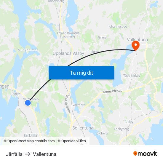 Järfälla to Vallentuna map