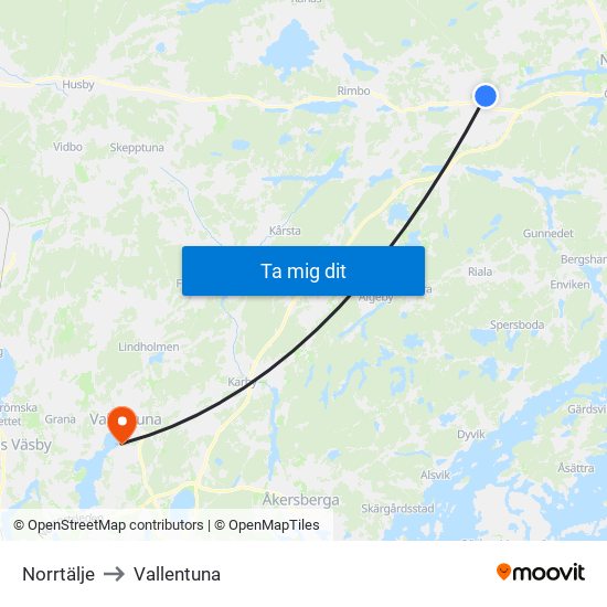 Norrtälje to Vallentuna map