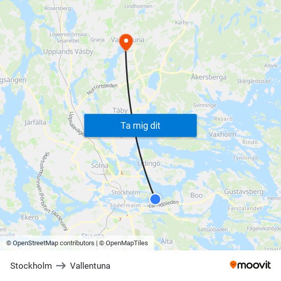 Stockholm to Vallentuna map