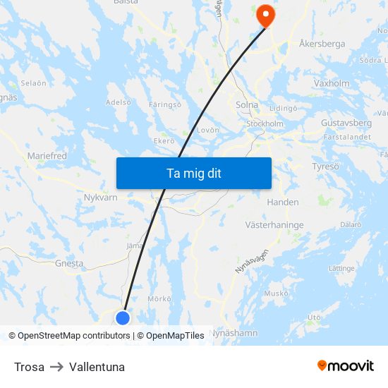 Trosa to Vallentuna map