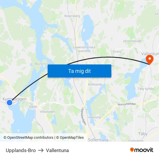 Upplands-Bro to Vallentuna map