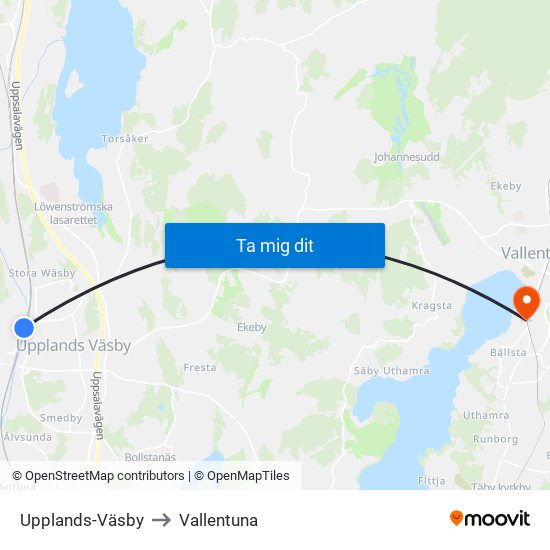 Upplands-Väsby to Vallentuna map