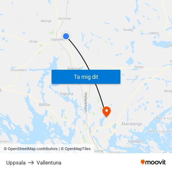 Uppsala to Vallentuna map