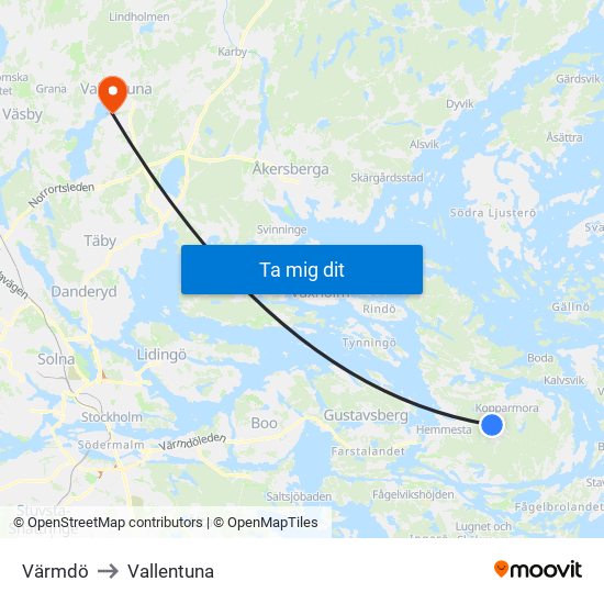 Värmdö to Vallentuna map