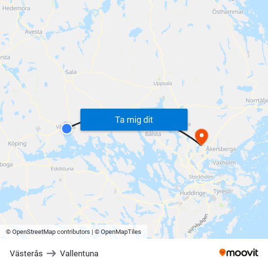 Västerås to Vallentuna map