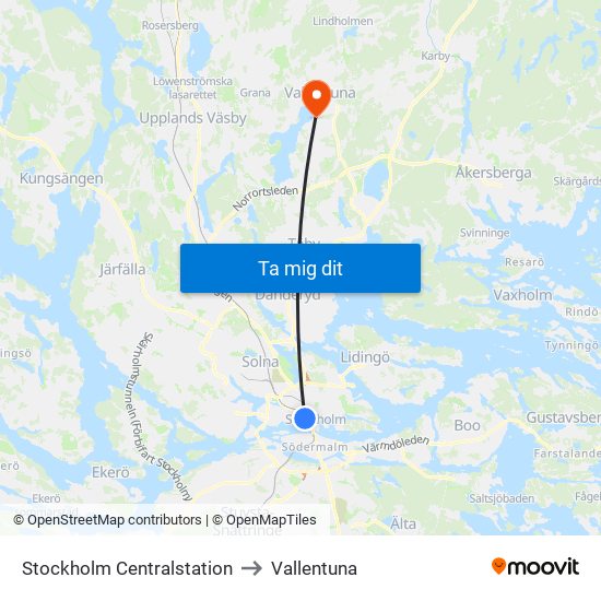 Stockholm Centralstation to Vallentuna map