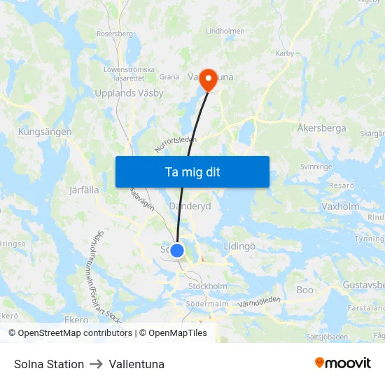 Solna Station to Vallentuna map