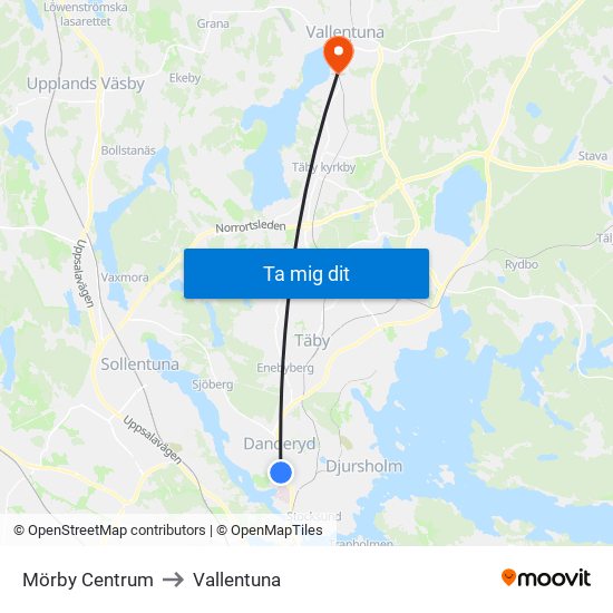 Mörby Centrum to Vallentuna map